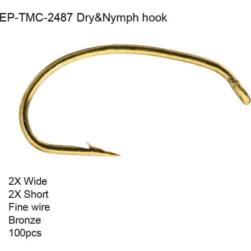 Eupheng 100pcs EP-TMC2487 Dry Fly Hook Nymph Fishing Hook Fine Wire 2X Wide Bronze Fly Fishing Hook