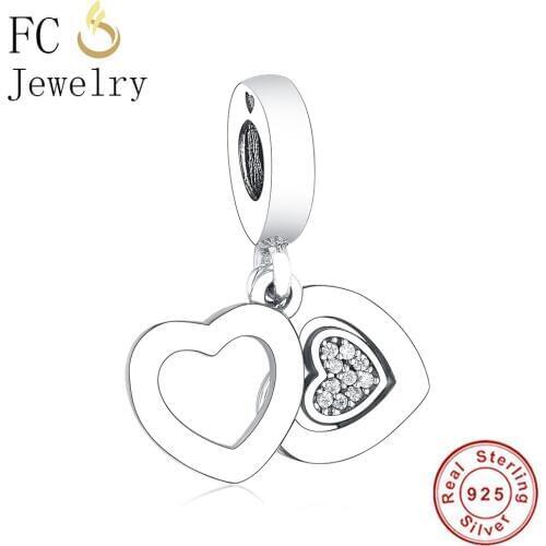 FC Jewelry Fit Original Brand Charm Bracelet 925 Sterling Silver Crossed Double Heart Zirconia Bead Pendant Making Berloque