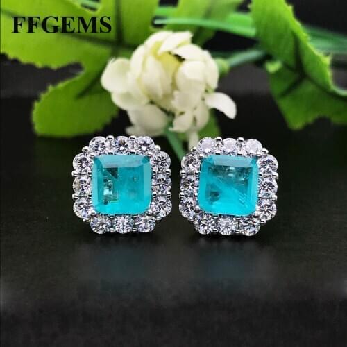 FFGems Brazilian Paraiba Emerald Silver Gold Blue Square Earring Necklace Sets for Women Fine Jewelry wholesale Party Gift