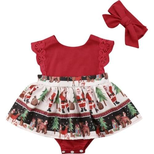 FOCUSNORM Christmas Lovely Baby Girls Summer Romper Dress 2PCS Lace Sleeve Santa Print Ruffles Jumpsuits +Headband