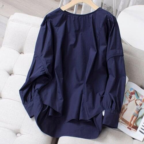 Cotton 100% Blue Women Blouse Summer Solid Loose O-Neck Patchwork Elegant Office Lady Pulls Outwear Tops