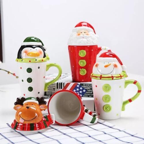 HOMIE 380ML New Christmas Ceramic Coffee Mug 3D Santa Claus Creative Cartoon Milk Breakfast Cup Christmas Gift with Cup cover