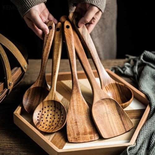 Thailand Teak Natural Wood Tableware Spoon Ladle Turner Long Rice Colander Soup Skimmer Spoons Scoop Cooking Kitchen Tool Set