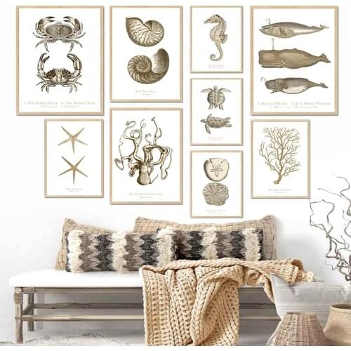 Fossil Fish Turtle Snail Crab Coral Vintage Wall Art Canvas Painting Nordic Posters & Prints Wall Pictures For Living Room Decor