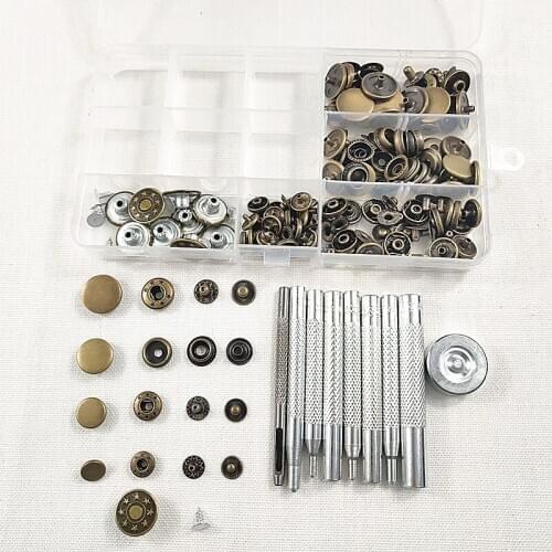 10-17mm 4color 50set Metal Snap Fastener Press Stud Buttons Poppers Leather Craft Jeans Button+9pcs Fixing Tools Kit+Storage Box