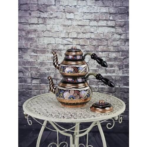 4 piece copper teapot with embroidered motif Turkish Ottoman teapot luxury quality 1 top teapot 1 bottom teapot 2 lids