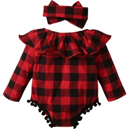 Cute Autumn Long Sleeve Baby Girls Romper Plaid Printed Pattern Tassel Romper and Headdress 2PCS Toddler Infant Clothes
