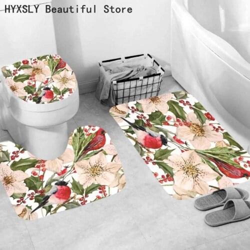 Three Pieces Set Bird Flower Prints Mat Balcony Bathroom Kitchen 3D Textile Carpet Anti-Slip Pedestal Rug Lid Toilet Covers