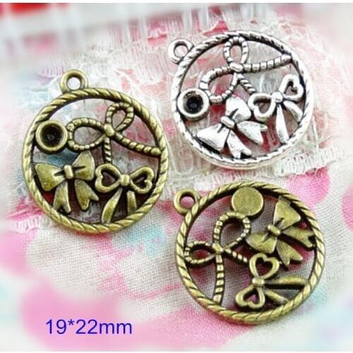 60 pcs Alloy Bowknot Charms,2 Sided Bowknot in Round Ring,Antique Bronze / Antique Metal,Bowknot Circle Charms 19*22mm