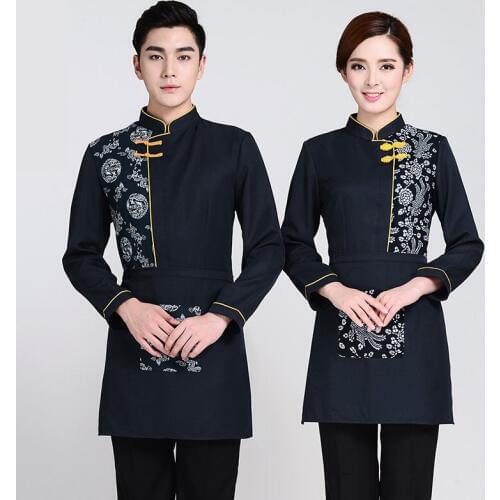 Long Sleeve Working Clothes 2019 Spring/Fall Hotel Flower Print Shirt+Apron Set Coffee Shop Waiter Uniform Coat Cheap Restaurant
