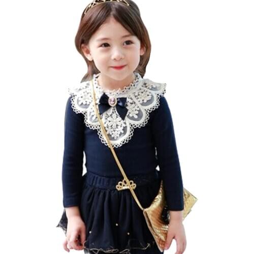 Girls Shirts Children Clothing Long Sleeve Embroidery Lace Trimmings O-neck Shirts With Bow For Kids Blouse Girl Spring Tops Tee