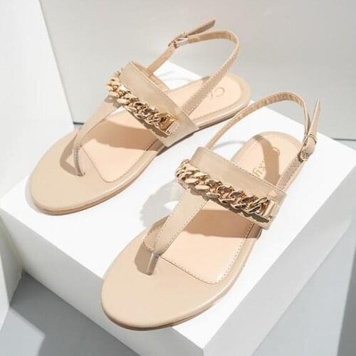 Womens Sandals Summer 2021 Metal Chain Casual Flat Plus Size Comfort PU Leather Back Strap Ladies Shoes Fashion Flip Flops