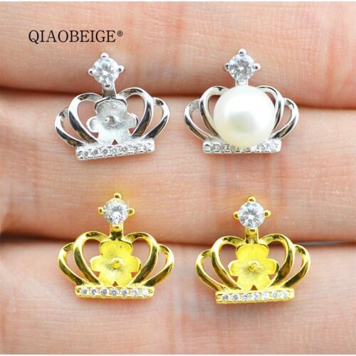 QIAOBEIGE Crown Earrings diy silver 925 Fresh pearl earring handmade sterling silver semi mount earrings for diy accessories