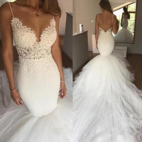Modern Wedding Dresses 2020 With Spaghetti Straps Deep V neck Open Back Lace Tulle Chapel Train Mermaid Wedding Dress Bridal
