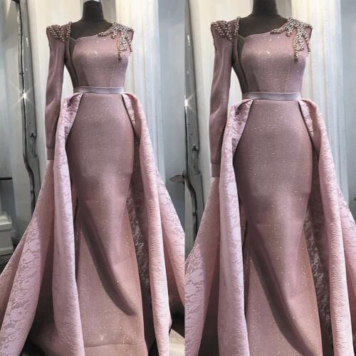 SuperKimJo One Shoulder Arabic Evening Dresses 2020 Beaded Detachable Skirt Sparkle Elegant Evening Gown Vestidos De Festa Longo