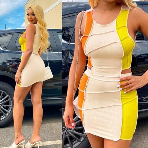 Bright Line Casual Top and Skirt Set Solid O Neck Irregular Panelled Crop Top and Summer High-waisted Mini Skirt Womens Suits