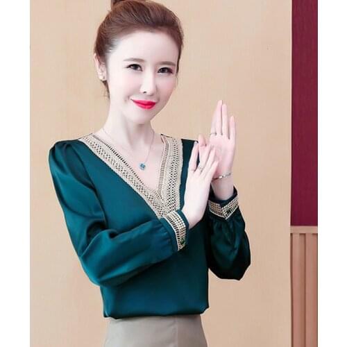 Women Spring Autumn Style Blouses Shirts Casual Lady Chiffon Elegant V-Neck Solid Color Loose Blusas Tops DM0085