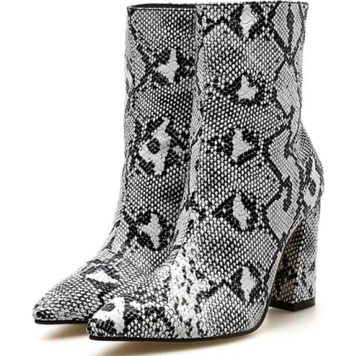 Women Zipper Boots Snake Print Mid Calf Boots Square heel Fashion Pointed toe Ladies Sexy shoes 2019 New Chelsea Boots