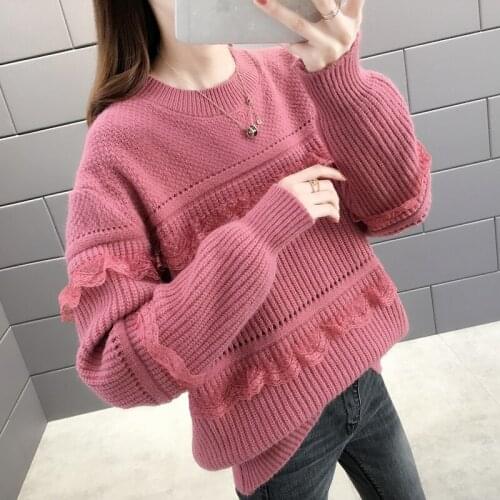Autumn Winter Sweater Women Plus Size Loose Clothes 2021 New knitted Pullover O-Neck Long Sleeve Lace Bottom Shirt Fashion