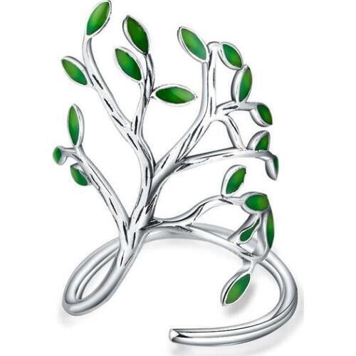 UFOORO New Ladies Ring Jewelry Sterling Silver Enamel Green Leaf Tree Charms Women Ring Wedding Bands Open Adjustable Party Ring