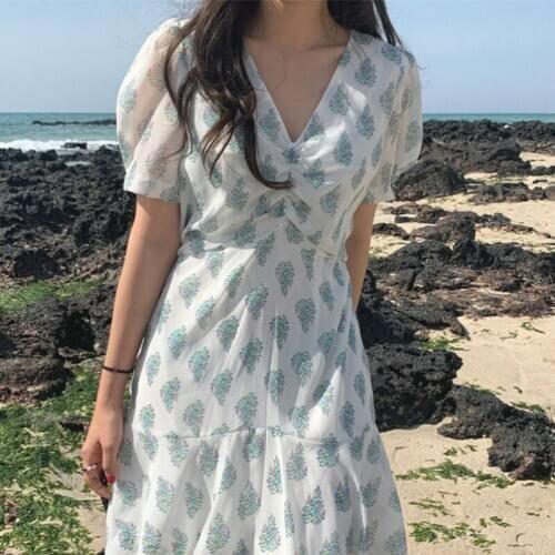 Women Summer Sweet V Neck Floral Chiffon Mini Dress Puff Sleeve Pleat Short Sundress Sashes