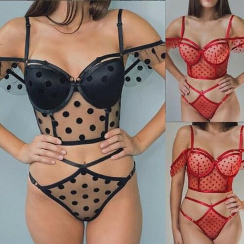 Women Sexy Lace Babydoll G-String Dots Underwear Sleepwear Nightwear Set