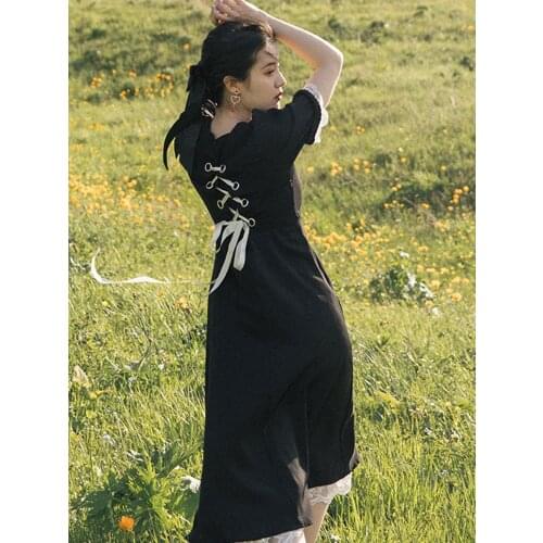 Hepburn Style Black Temperament Sweet Princess Dress French Retro Maxi Dress Summer Lace Stitching Bow Chic Square Collar Dress