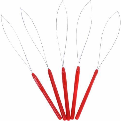 12 pcs Hair Extension Hook Pulling Tool Needle Threader Micro Rings Beads Loop Plastic Handle With Iron Wire Red
