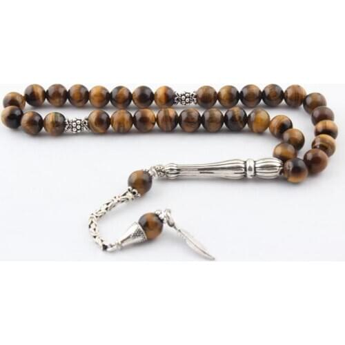 925 Sterling Silver Handmade Rosary with Tiger Eye and Sphere Shaped Natural Stone Beads Prayer Islamic Muslim Tasbih