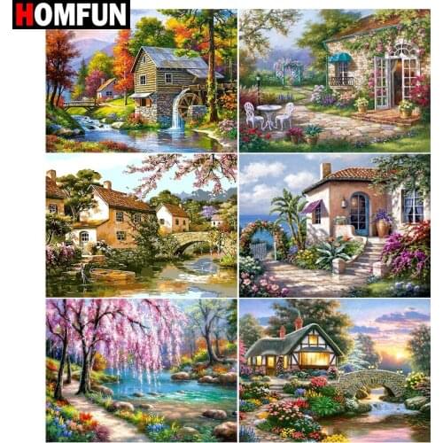 HOMFUN DIY 5D Diamond Painting "House tree lake flower" Full Diamond Embroidery Sale Picture Of Rhinestones For Festival Gifts