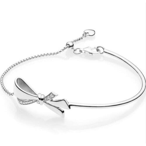 Authentic 925 Sterling Silver Brilliant Bow Ball Clasp Adjust pan Bracelet Bangle Fit Women Bead Charm Diy Jewelry