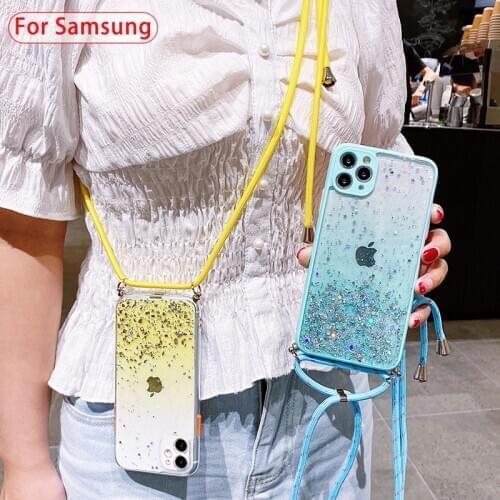 With Neck Strap Rope Cord Clear Glitter Case For Samsung S20 FE A51 A11 A71 A20S A31 A21S A01 A10S Camera Lens Protection Cover