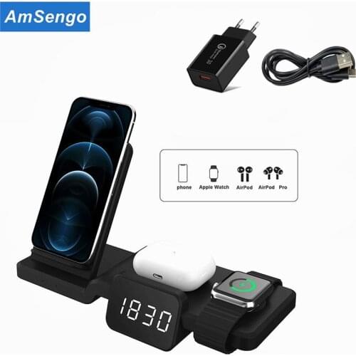 Digital LED Clock Qi Wireless Charger 20W Fast Charging Stand for iPhone 12 Pro 11 Pro X With Time Dispay Dock For Watch Airpods