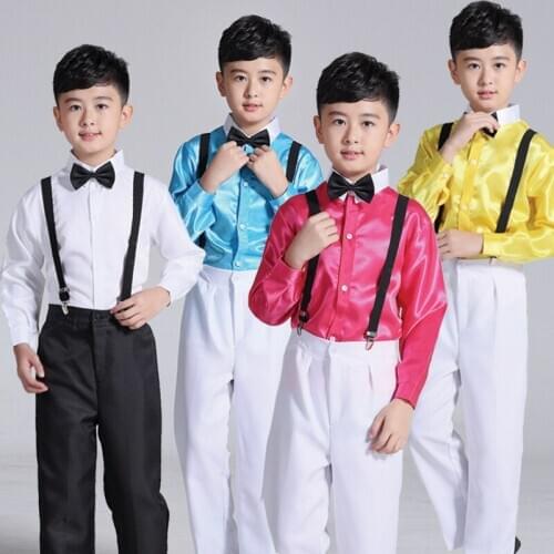 Childrens Jazz Boy Bib Costume Costume Ballet Chorus Performance White Shirt Black Pants Small Host Stage Performance