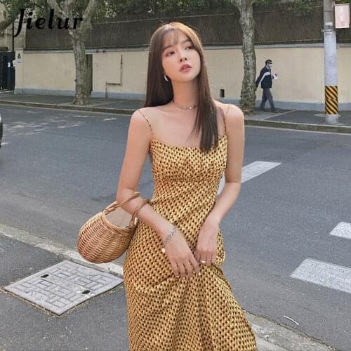 Jielur New Yellow Dress Spaghetti Straps Dresses for Woman Print Slash Collar Graceful Fairy Summer A-line High Waist Long Dress
