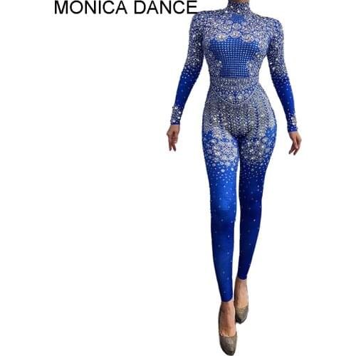 Sexy Stage Rhinestones Blue Stretch Jumpsuit Women Singer Stage Performance Costume Birthday Celebrate Crystals Leotard Jumpsuit