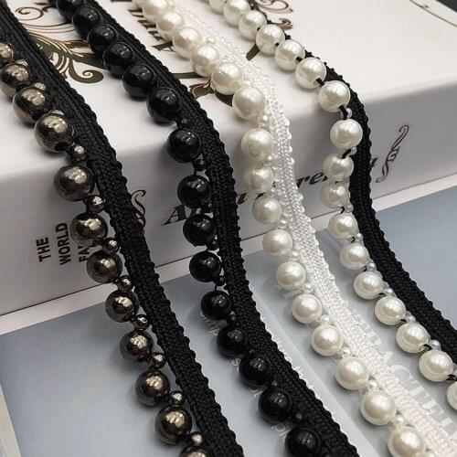 1Yard Black White Pearl Fringe Beaded Lace Trim Ribbon African Lace Fabric Collar Dress Sewing Garment Headdress Materials