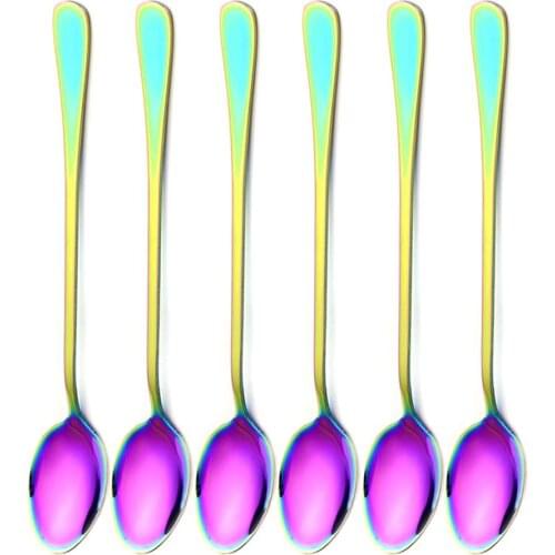 6Pcs/lot Stainless Steel Long-handled Spoon Rainbow Dessert Ice Cream Coffee Spoon Stirring Teaspoons Coffee Spoon Flatware Set