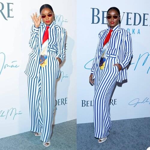 Sea Blue Striped Woman Suit Singal Breasted 2021 New Design High Street Notched Collar Party Fashion Jacket Pant Female