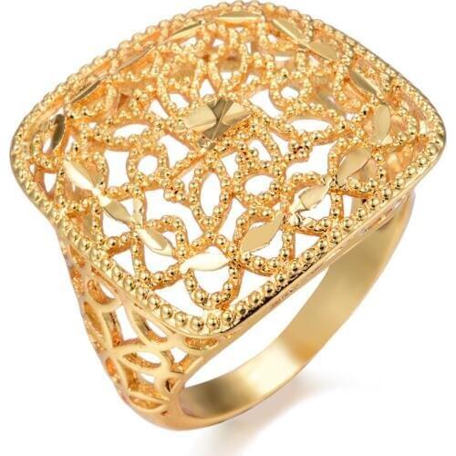 Wando Ethnic Hollow Flower Gold Color men women ring Engagement wedding Christmas gift ring Gold Color Resizable golden ring