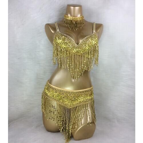 New Womens Belly Dance Set Sexy Carnival Costume Beaded Belly Dancing Clothes Sexy Night Bellydance Tops Chain BRA Belt 3pcs