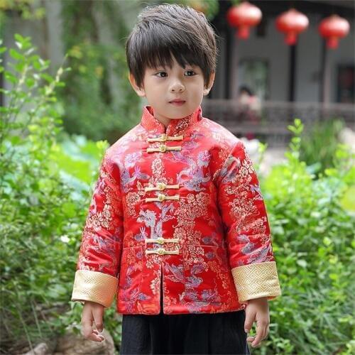 New Year Chinese Traditional Clothing for Kids Baby Boy Festival Retro Fancy Golden Dragon Printed Satin Tang Suit Top Pants Set