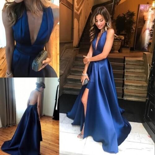Pleats Halter Neck Prom Dresses Sexy Front Split Sleeveless Evening Dress New Arrival Cheap Long Formal evening gown A-Line