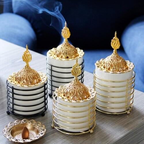 Simple and Modern Golden Metal Ceramic Combination Incense Burner Middle East Arab Incense Burner Desktop Aromatherapy Burner