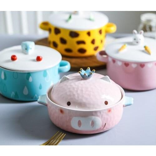 Modern housewife Japanese style ceramic bowl instant noodles bowl double ear ceramic tableware with cover student dormitory rice