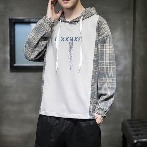 Hooded Sweater Mens Fake Two-piece Long-sleeved Plaid Top Clothes Japanese Style Trendloose Autumn Jacket pullovers Hoodies