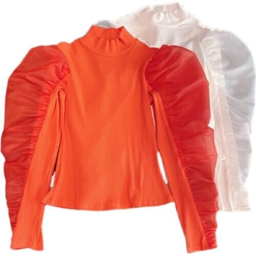 Turtleneck Sweater Women Fashion Slimming Mesh Puff Sleeve Knitwear Sweaters Lady Chic Top Short Pull Femme