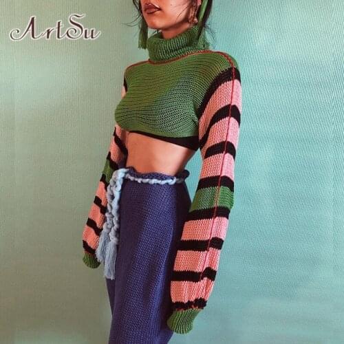 ArtSu Striped Sweater Y2K Clothes Pullovers Autumn Winter Vintage Goth Kawaii Streetwear Turtleneck Cropped Long Sleeve Knit Top