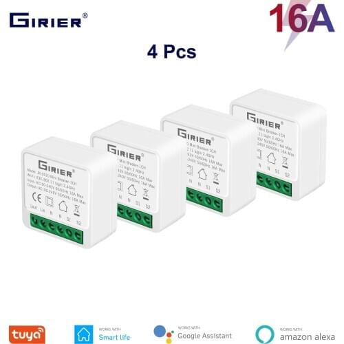 4 Pcs 16A Smart Wifi Light Switch 2 Way Control, Smart Home Automation Universal DIY Mini Module, Works with Alexa Google Home