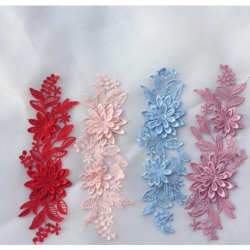 4PCS=2Pairs 23.5*7.5cm Embroidered Lace Applique Lace Trim For DIY Wedding Dress Ivory Red Blue Pink Gray Cameo Color Patches